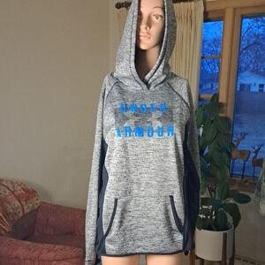 Under Armour M Gray Heather Pullover Hoodie with Blue Logo Ptp 20.5